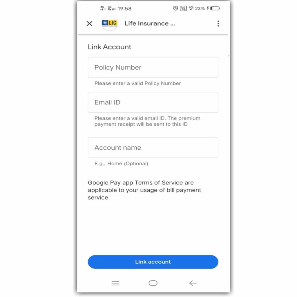 enter your policy details on google pay